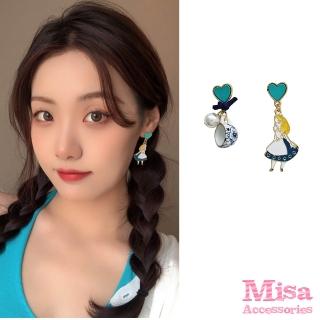 【MISA】韓國設計不對稱童話公主愛麗絲造型夾式耳環(無耳洞耳環 耳夾 夾式耳環愛麗絲耳環)