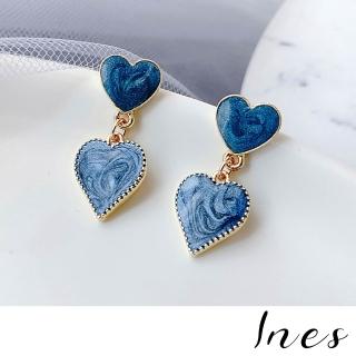 【INES】韓國設計法式復古雙愛心藍色彩釉夾式耳環(無耳洞耳環 耳夾 夾式耳環 愛心耳環 藍色耳環)