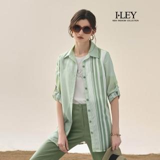 【ILEY 伊蕾】粗細條紋寬鬆長版襯衫(綠；M-2L；1251351503)