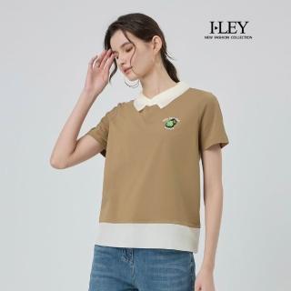 【ILEY 伊蕾】雪紡POLO領拼接棉質上衣(咖；M-2L；1252511205)