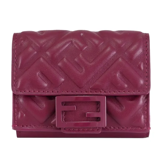 【FENDI 芬迪】金屬LOGO雙F壓紋NAPPA皮革三折小零錢短夾(紫紅)