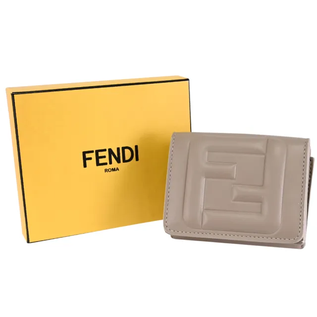 【FENDI 芬迪】經典雙F LOGO壓紋NAPPA皮革三折小零錢短夾(淺灰)