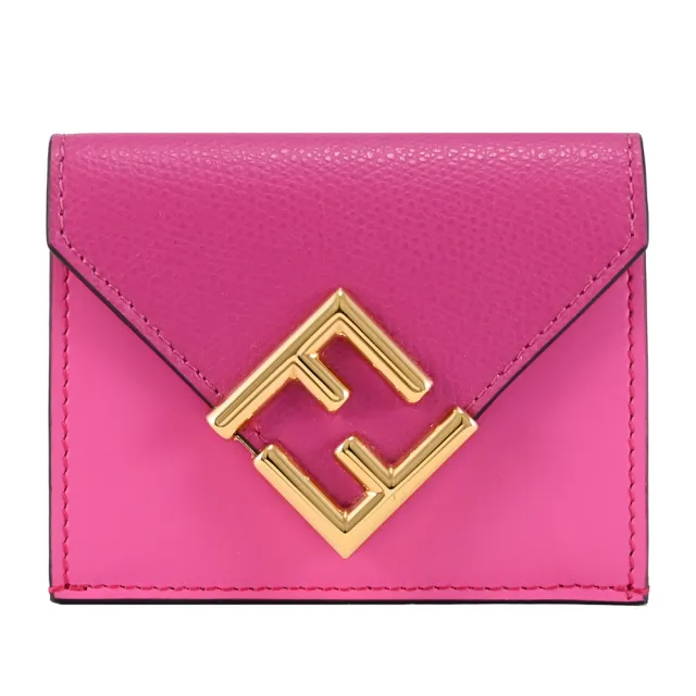 【FENDI 芬迪】金屬經典雙F LOGO小牛皮三折小零錢短夾(桃粉)