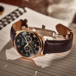 【CITIZEN 星辰】GENTS 光動能 月相顯示真皮錶帶腕錶/咖啡色42mm(AP1059-19E)