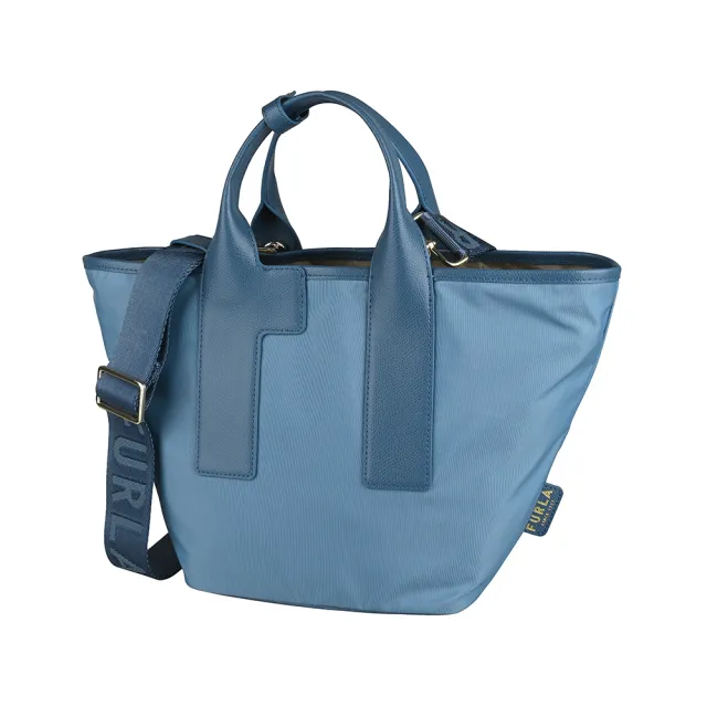 【FURLA 芙拉】FURLA Piuma皮標金字LOGO尼龍拉鍊手提/斜背托特包(中/天體x香根草x單寧藍)