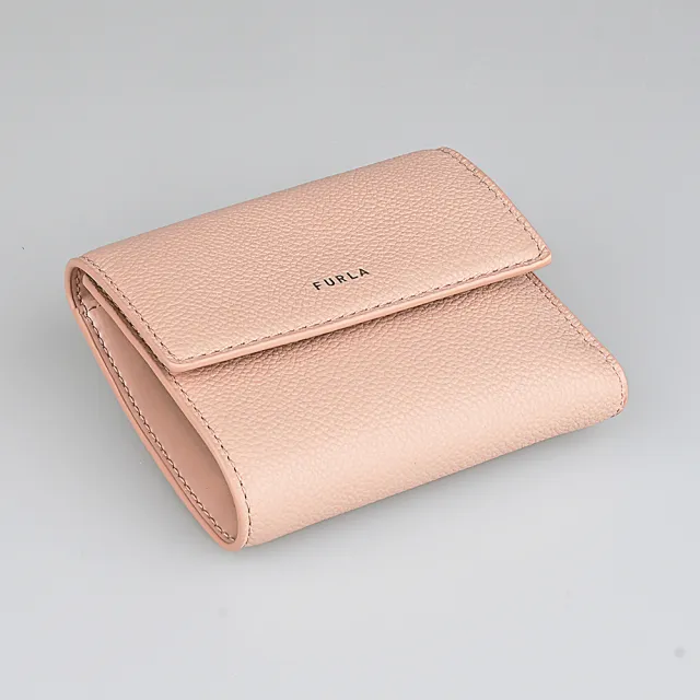 【FURLA 芙拉】FURLA GOCCIA 字母LOGO荔枝紋皮革6卡釦式短夾(粉末粉)