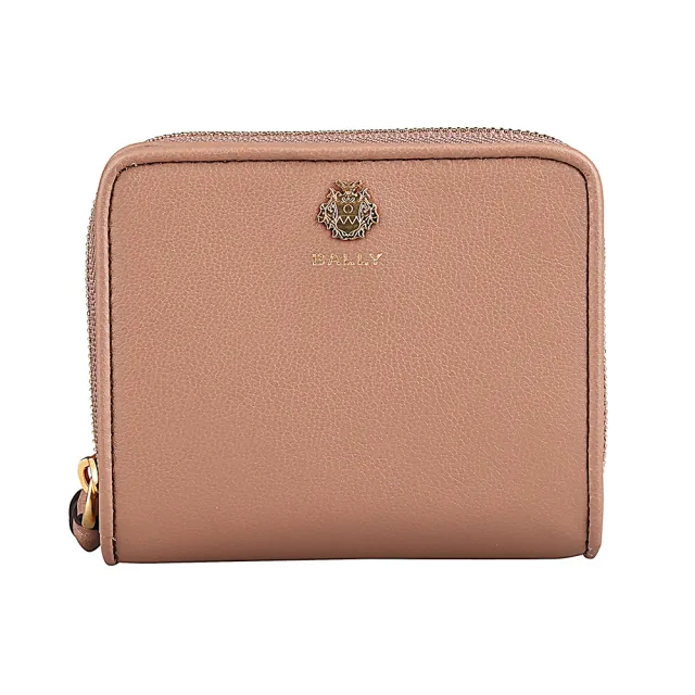 【BALLY】BALLY ESSENTIAL 學院風LOGO 小牛皮6卡釦式拉鍊對折短夾(奶油胡桃棕)