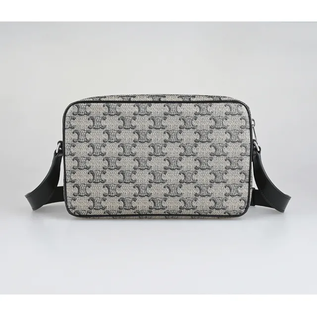 【CELINE】CELINE印黑字LOGO緹花帆布拉鍊肩背/斜背信差包(中/淺米x黑)