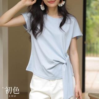 【初色】設計感綁帶收腰顯瘦簡約純色圓領連肩短袖T恤上衣女上衣-共2色-12936(M-XL可選)