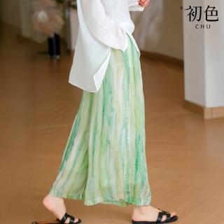 【初色】亞麻風文藝段染輕薄雙層鬆緊腰直筒闊腿休閒褲寬褲長褲-共2色-12908(M-2XL可選)