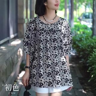 【初色】滿版撞色碎花印花亞麻寬鬆輕薄五分短袖T恤上衣女上衣-花色-12919(M-2XL可選)