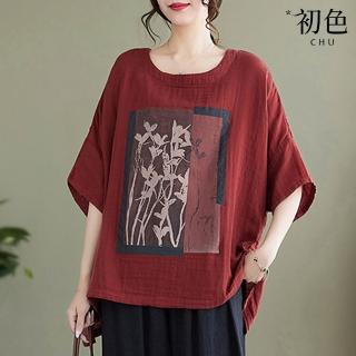【初色】復古文藝印花透氣棉麻寬鬆顯瘦中長款大碼圓領五分袖短袖T恤上衣女上衣-共5色-12928(M-4XL可選)