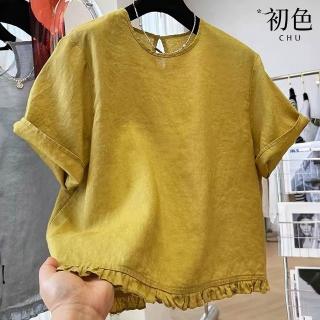 【初色】棉麻風純色圓領五分袖寬鬆荷葉邊下襬襯衫T恤上衣女上衣-共3色-12913(M-2XL可選)