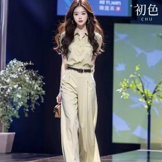 【初色】法式純色翻領單排釦上衣女上衣+素色收腰休閒褲寬褲長褲套裝-綠色-12814(M-XL可選)