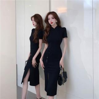 【Very Buy 非常勸敗】預購/中式禪意連衣裙年國風年輕款名媛黑色顯瘦高腰長款旗袍配吊墜