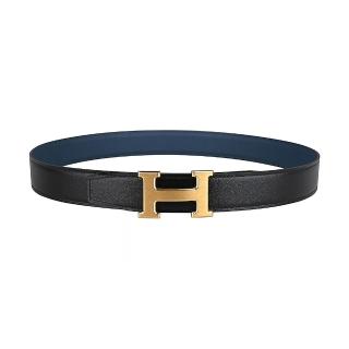 【Hermes 愛馬仕】HERMES H霧金扣LOGO小牛皮雙色皮帶(黑x普魯士藍)