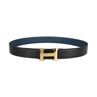 【Hermes 愛馬仕】HERMES H金扣LOGO小牛皮雙色皮帶(黑x普魯士藍)