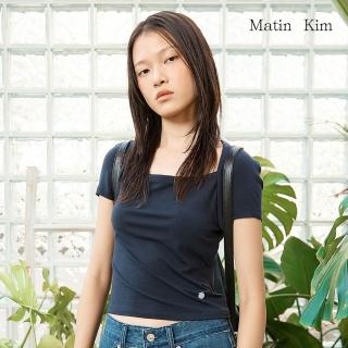 【MATIN KIM】官方旗艦 女版 拼接袖方領修身短袖上衣 女T恤(深海軍藍)