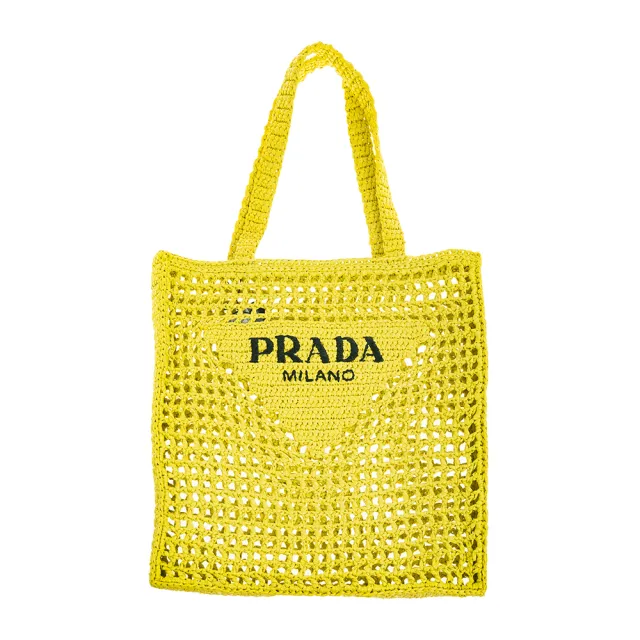 【PRADA 普拉達】經典三角形LOGO刺繡字樣標誌拉菲草手提/肩背包(芥末黃)