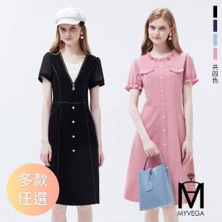 【MYVEGA 麥雪爾】MA彈力假兩件/雪紡荷葉/仿牛仔短洋裝-多款任選(女洋裝/連身洋裝/真兩件洋裝)
