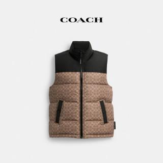 【COACH】蔻馳官方直營 聚酯纖維經典Logo羽絨背心-棕黃色 經典標誌(CU801)