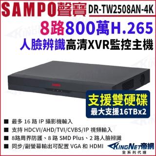 【KINGNET】DR-TW2508AN-4K I3 8路 4K 800萬 人臉辨識 XVR 雙硬碟 DVR 8路主機(SAMPO 聲寶 監控大廠)