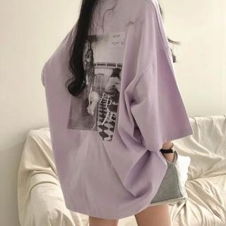 【D.studio】韓版寬鬆圖案短袖上衣 oversize 衣服(夏天女裝 長版上衣 長版t恤 女裝 短袖t恤女 T644)