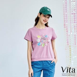 【MYSHEROS 蜜雪兒】VITA 棉質造型T恤上衣 鑽飾彩繪風印花 小口袋設計(粉)