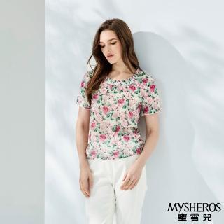 【MYSHEROS 蜜雪兒】天絲混紡造型上衣 花邊圓領 玫瑰滿版印花(粉)