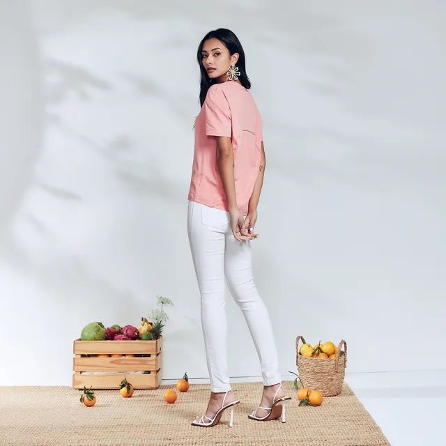 【ICHE 衣哲】Cop.Copine 法國原裝進口法式輪廓線花卉印圖蜜桃粉上衣