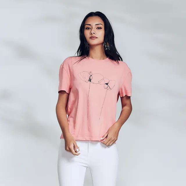 【ICHE 衣哲】Cop.Copine 法國原裝進口法式輪廓線花卉印圖蜜桃粉上衣