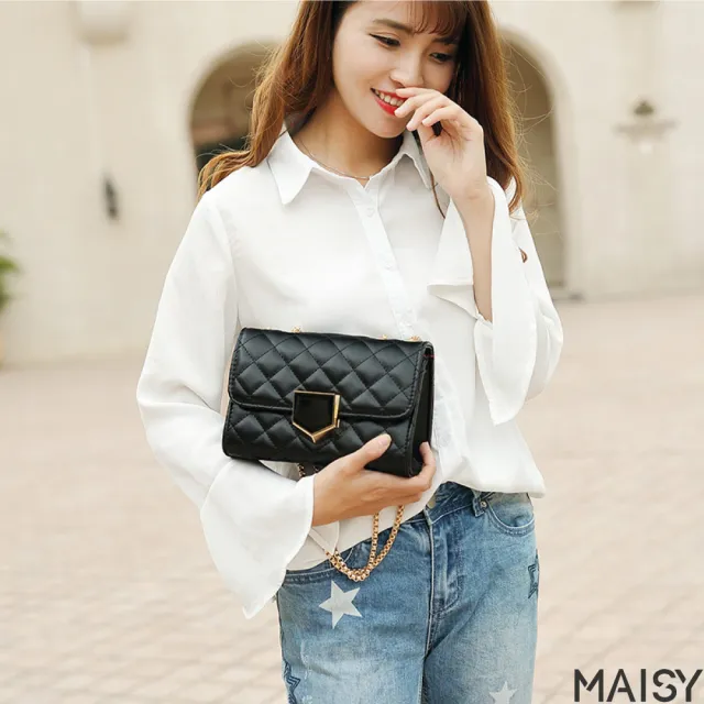【MAISY】高級真皮黑色菱格鏈帶包 單肩包 小方包(真皮包包 黑色)