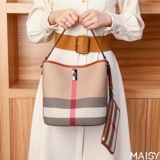 【MAISY】618 大容量通勤真皮水桶包 單肩包 手提包(真皮包包 棕色)