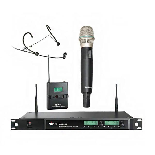 【MIPRO】ACT-35B 配1手握ACT52管身、MU90音頭+1頭戴式麥克風+1發射器(UHF類比1U雙頻道接收機)