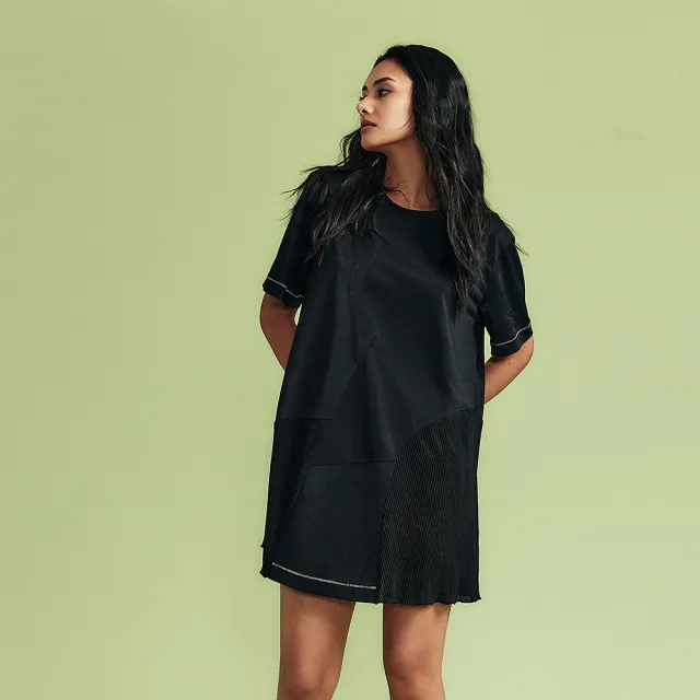 【ICHE 衣哲】Cop.Copine 法式設計簡約明線拼接光澤感造型洋裝