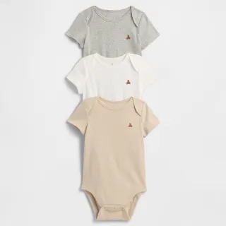 【GAP】嬰兒裝 純棉小熊刺繡圓領短袖包屁衣三件組-灰色組合(794075)