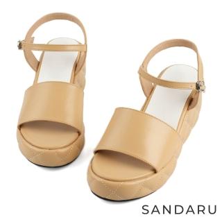 【SANDARU 山打努】涼鞋 舒適寬版菱格厚底楔型鞋(杏)