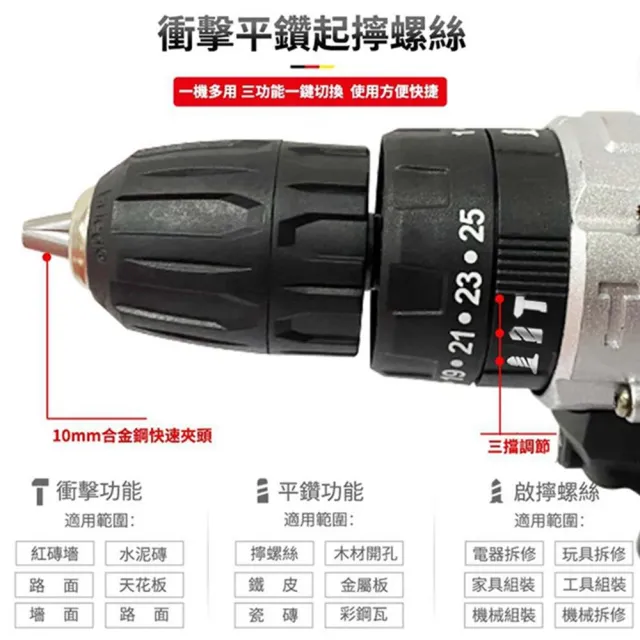 【Ogula 小倉】電鑽 全銅大功率電機 雙速無極變速 288VF雙電+鑽頭配件(電鑽/衝擊鑽/電動螺絲刀/電動起子)