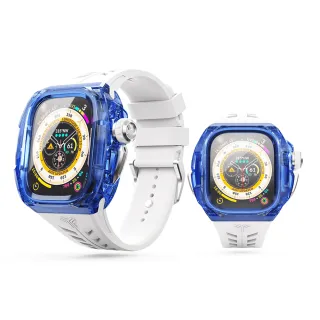 【Y24】Apple Watch 49mm 藍色/白色 尼龍防水錶殼/矽膠錶帶(BONDI49)