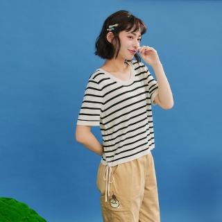 【Dailo】側邊抽繩條紋短袖針織上衣(黑 白 杏)