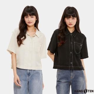 【Hang Ten】女裝-正韓韓國連線-OVER FIT 寬鬆短版口袋壓線短袖襯衫(多色選)