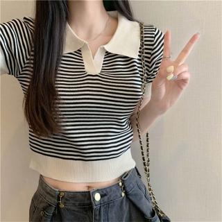 【D.studio】韓版翻領條紋針織上衣(短袖上衣短版上衣衣服夏天女裝短板上衣短版t恤女裝短袖t恤女 T650)