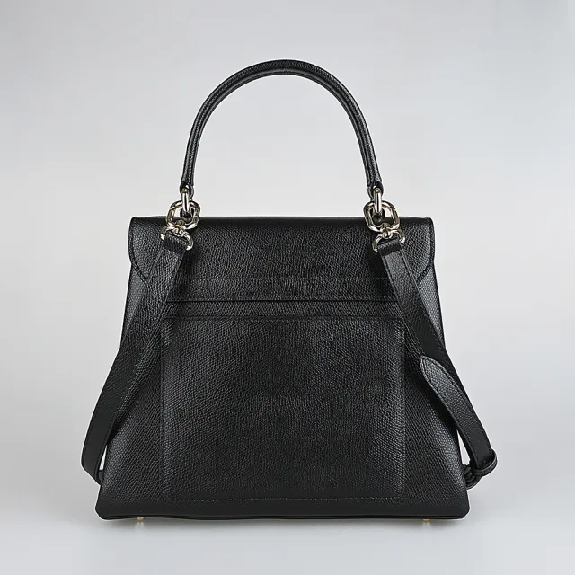 【FURLA 芙拉】FURLA 1927 金屬拱門LOGO設計荔枝紋牛皮旋釦式手提斜背包(小/黑)