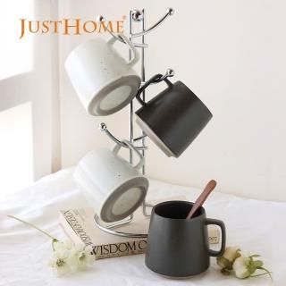 【Just Home】日式粗陶復古陶瓷馬克杯4入組-附收納杯架(可微波 340ml 杯子 咖啡杯 水杯 拿鐵杯)