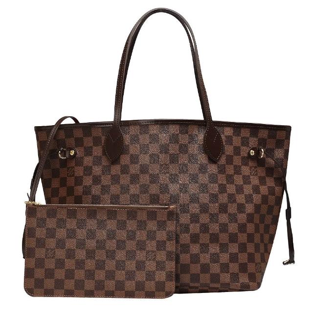 【Louis Vuitton 路易威登】N40599 經典NEVERFULL MM Damier帆布肩背托特包(櫻桃紅色)