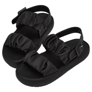 【Grace Gift】雲朵抓皺雙帶輕柔厚底涼鞋(黑)