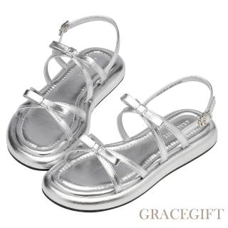 【Grace Gift】韓系百搭雙帶蝴蝶結雲感平底涼鞋(銀)