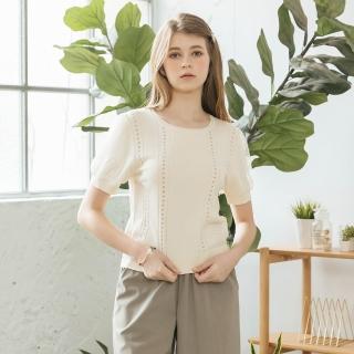 【CUMAR】氣質挑洞拼接點點網紗袖短袖針織上衣(粉 綠 杏/魅力商品)