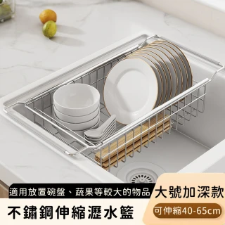【好拾選物】不鏽鋼伸縮瀝水籃/伸縮瀝水收納架/廚用瀝水架(深款大號)