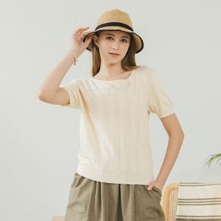 【CUMAR】氣質水波紋珍珠裝飾短袖針織上衣(粉 綠 杏/魅力商品)